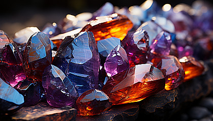 A close-up of crystals forming in a colorful mineral rock.