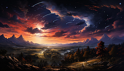 A meteor shower painting bright trails across the sky.