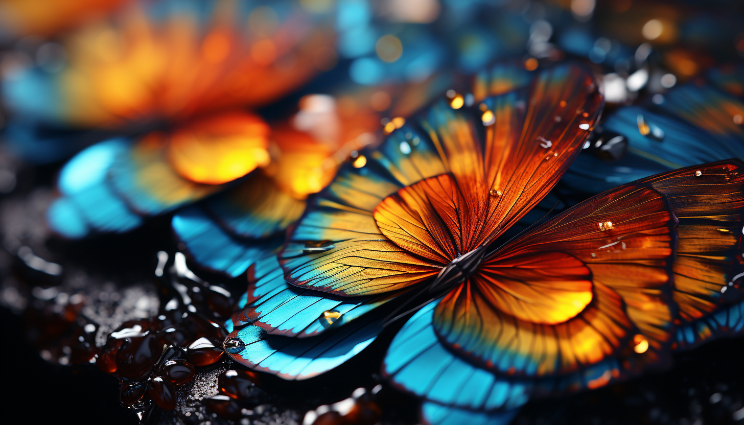 Macro shot of butterfly wings, displaying dazzling colors and detailed vein structure.