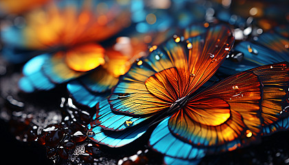 Macro shot of butterfly wings, displaying dazzling colors and detailed vein structure.