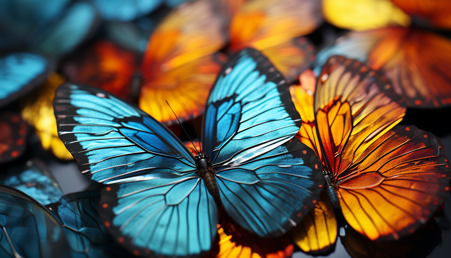 A macro view of butterfly wings showcasing intricate patterns and colors.