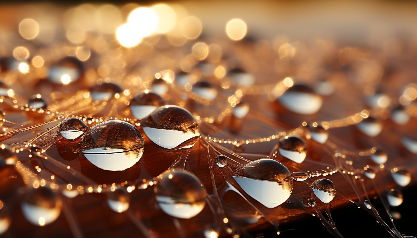 Close-up of a dew-kissed spider web shimmering in the morning sun.