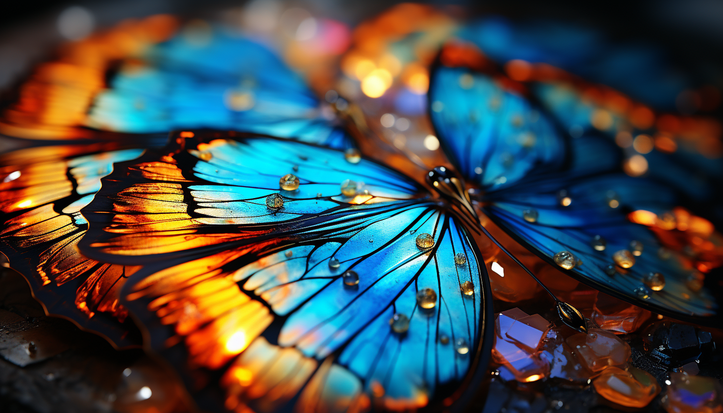 Extreme close-up of a butterfly's wing, revealing intricate patterns and colors.