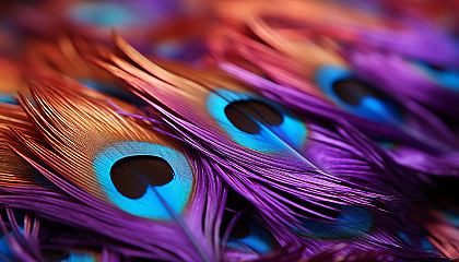 Close-up of a peacock feather, showcasing iridescent colors and patterns.