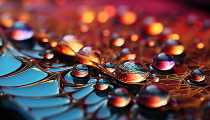 Macro view of dewdrops on a spider's web, reflecting the colors of dawn.