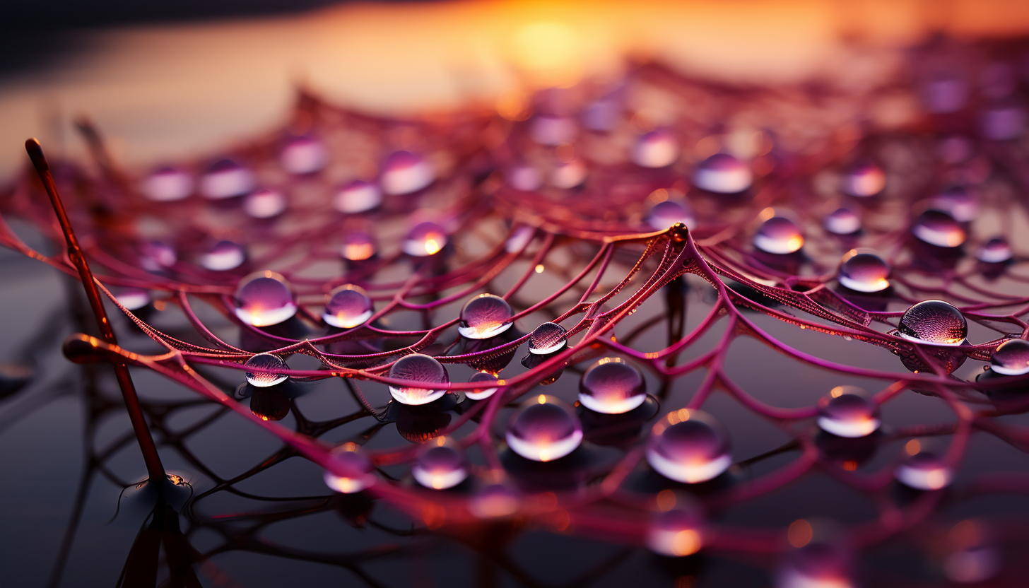 Macro shot of dewdrops on a spider's web, reflecting the colors of the dawn.