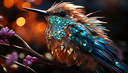 A close-up of a hummingbird's iridescent feathers, shimmering in the sunlight.