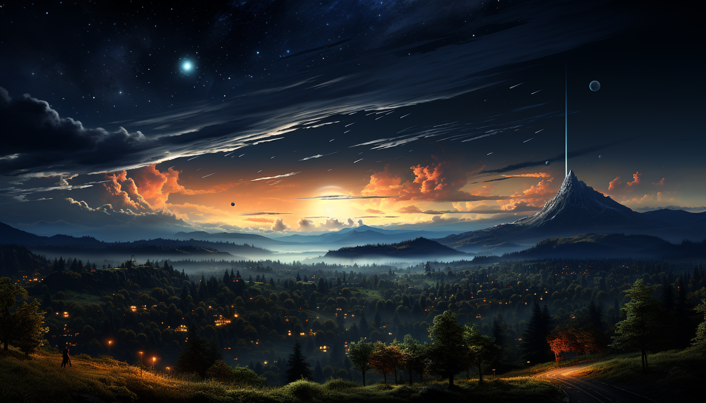 A meteor shower streaking across the night sky over a tranquil landscape.