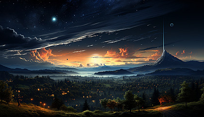 A meteor shower streaking across the night sky over a tranquil landscape.