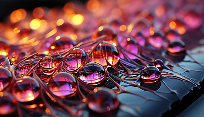 A close-up of dewdrops on a spiderweb, reflecting the colors of dawn.