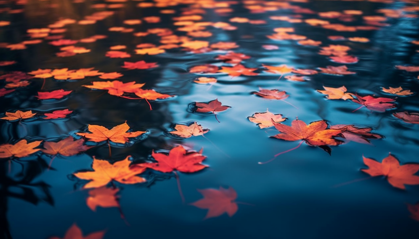 Brightly colored autumn leaves floating on a placid pond.