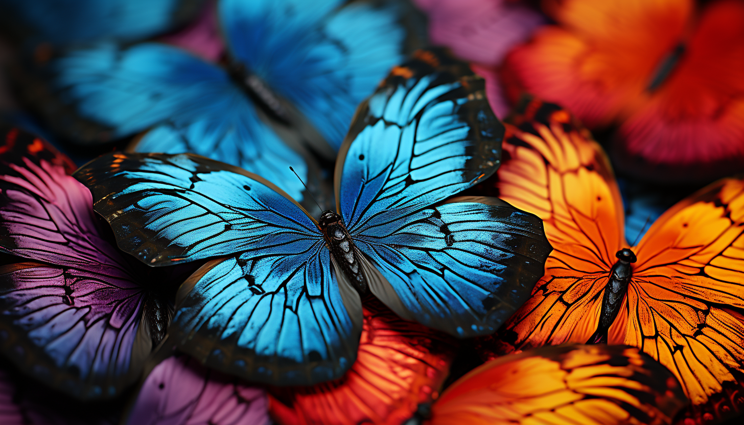 A close-up of colorful butterfly wings, showcasing intricate patterns.