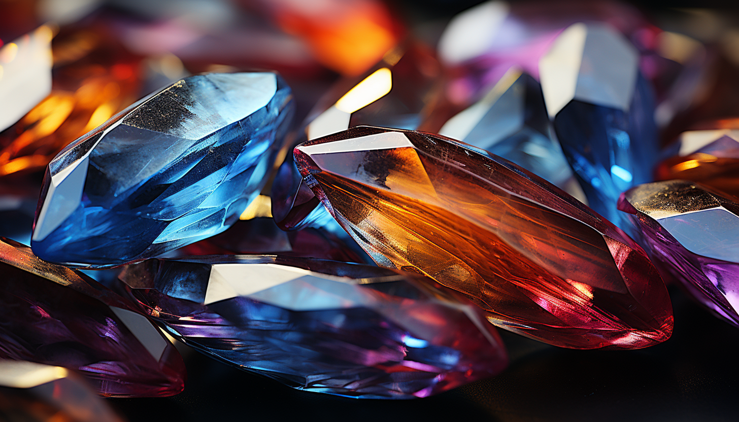 A detailed view of a crystal's facets, displaying a rainbow of reflections.