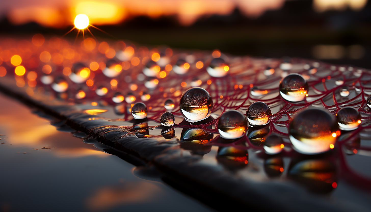 Close-up of dewdrops on a spider web, reflecting the colors of a sunrise.