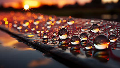 Close-up of dewdrops on a spider web, reflecting the colors of a sunrise.