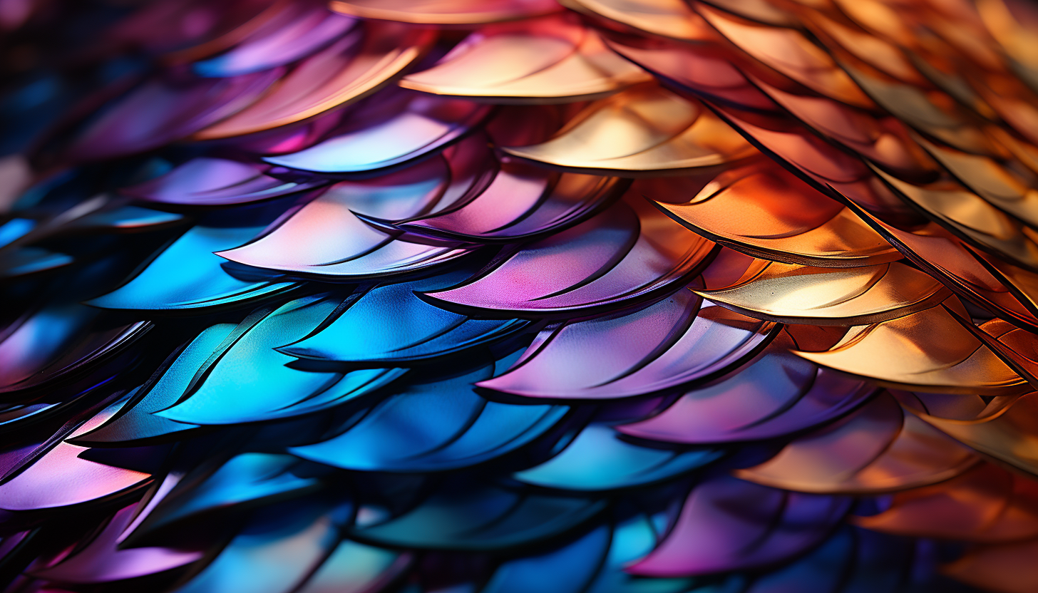 Macro shot of the iridescent scales of a fish or the plumage of a bird.