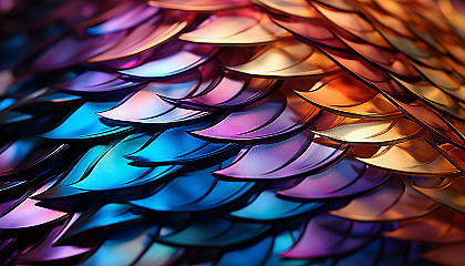 Macro shot of the iridescent scales of a fish or the plumage of a bird.