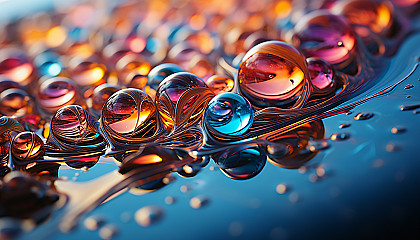 Close-up of iridescent bubbles reflecting a spectrum of colors against a bright background.