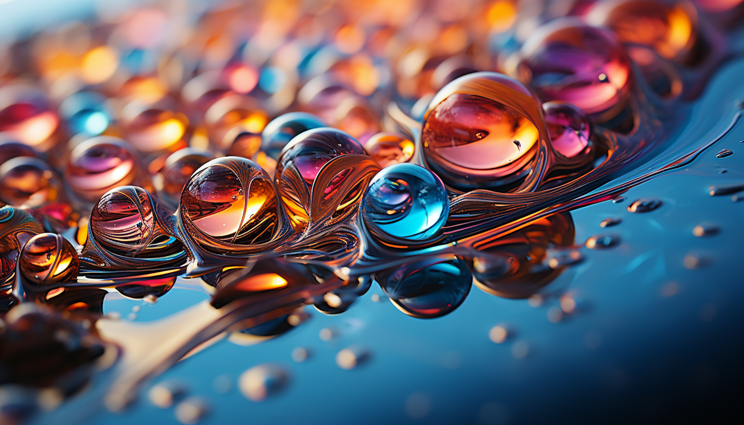 Close-up of iridescent bubbles reflecting a spectrum of colors against a bright background.