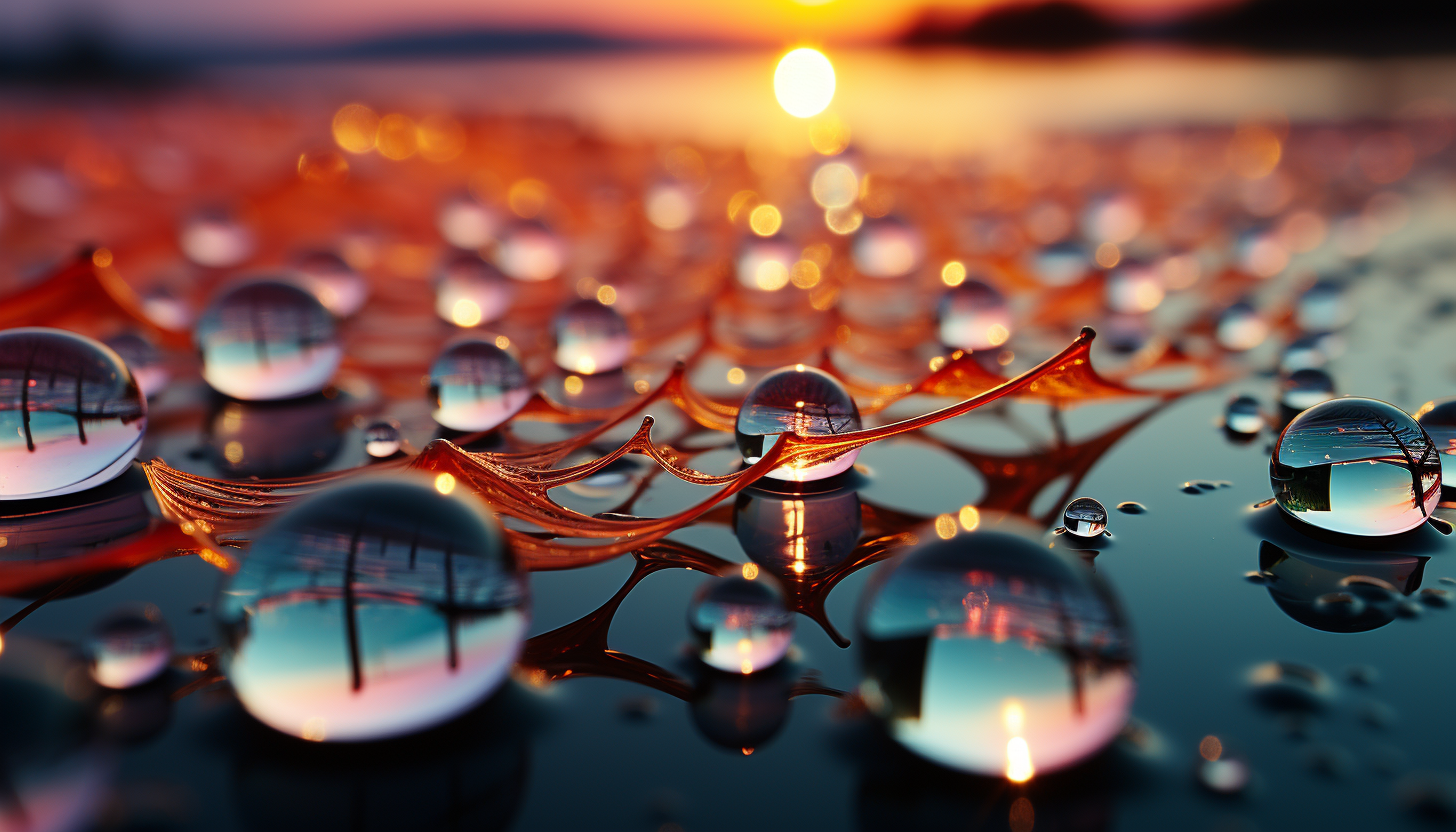 Macro shot of dewdrops on a spider web, reflecting the colors of a sunrise.