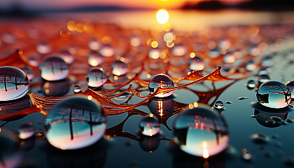 Macro shot of dewdrops on a spider web, reflecting the colors of a sunrise.