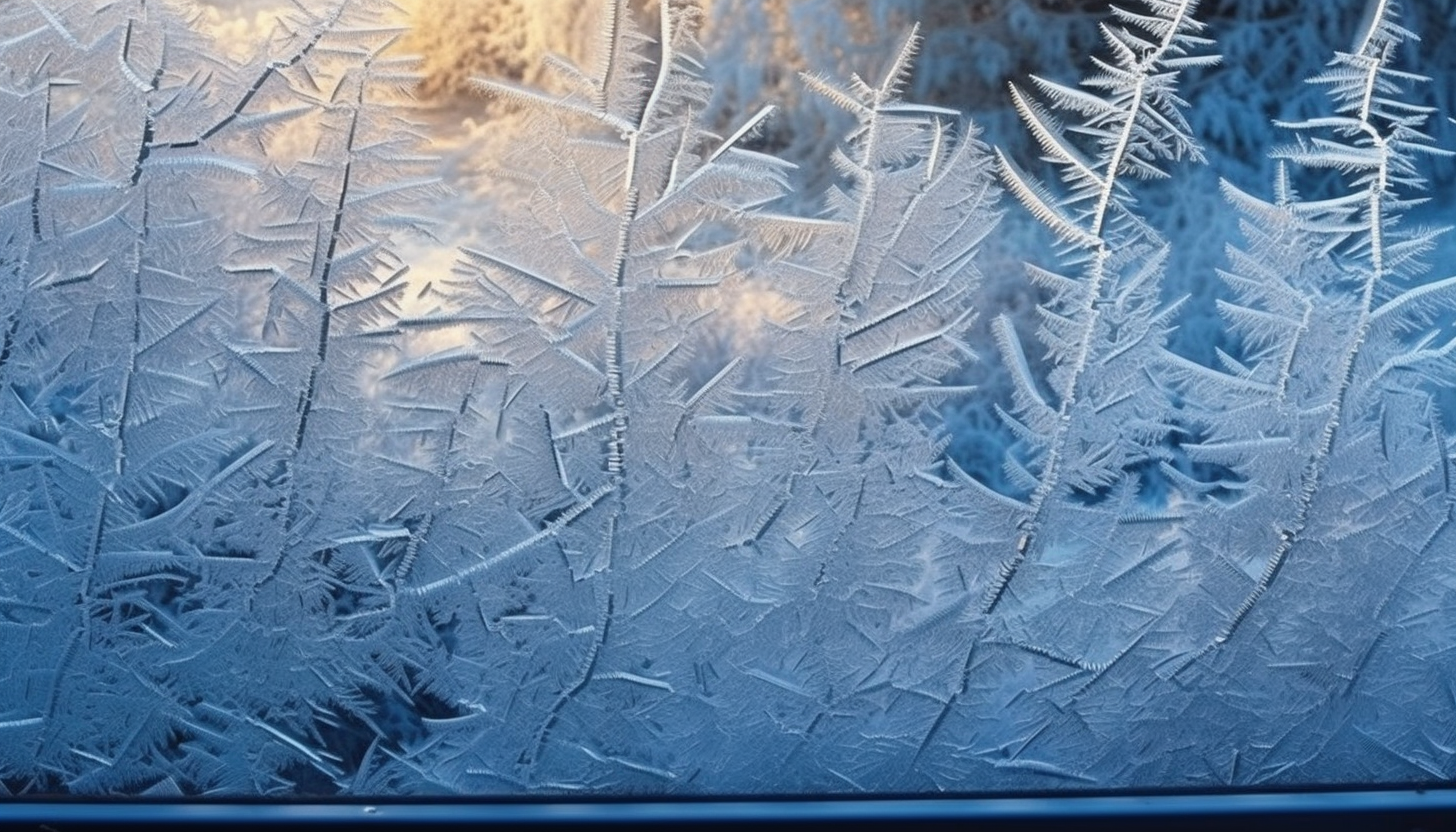 Frost patterns on a windowpane in the early morning light.