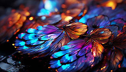 Close-up of iridescent butterfly wings, revealing intricate patterns and hues.