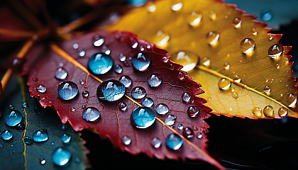 Close-up of dewdrops reflecting a rainbow of colors on a leaf.