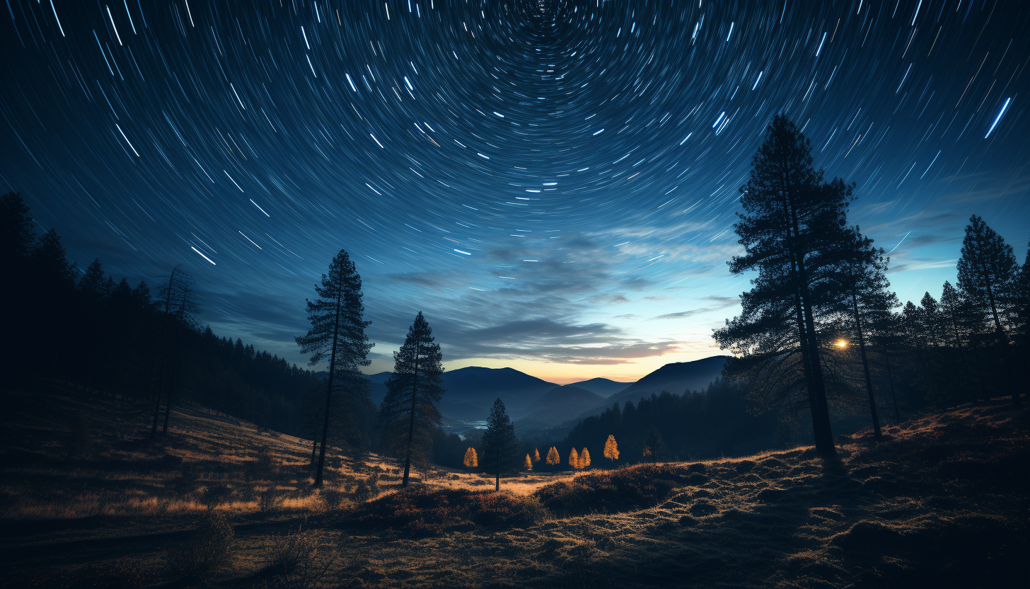 A long-exposure shot of stars forming trails across the night sky.