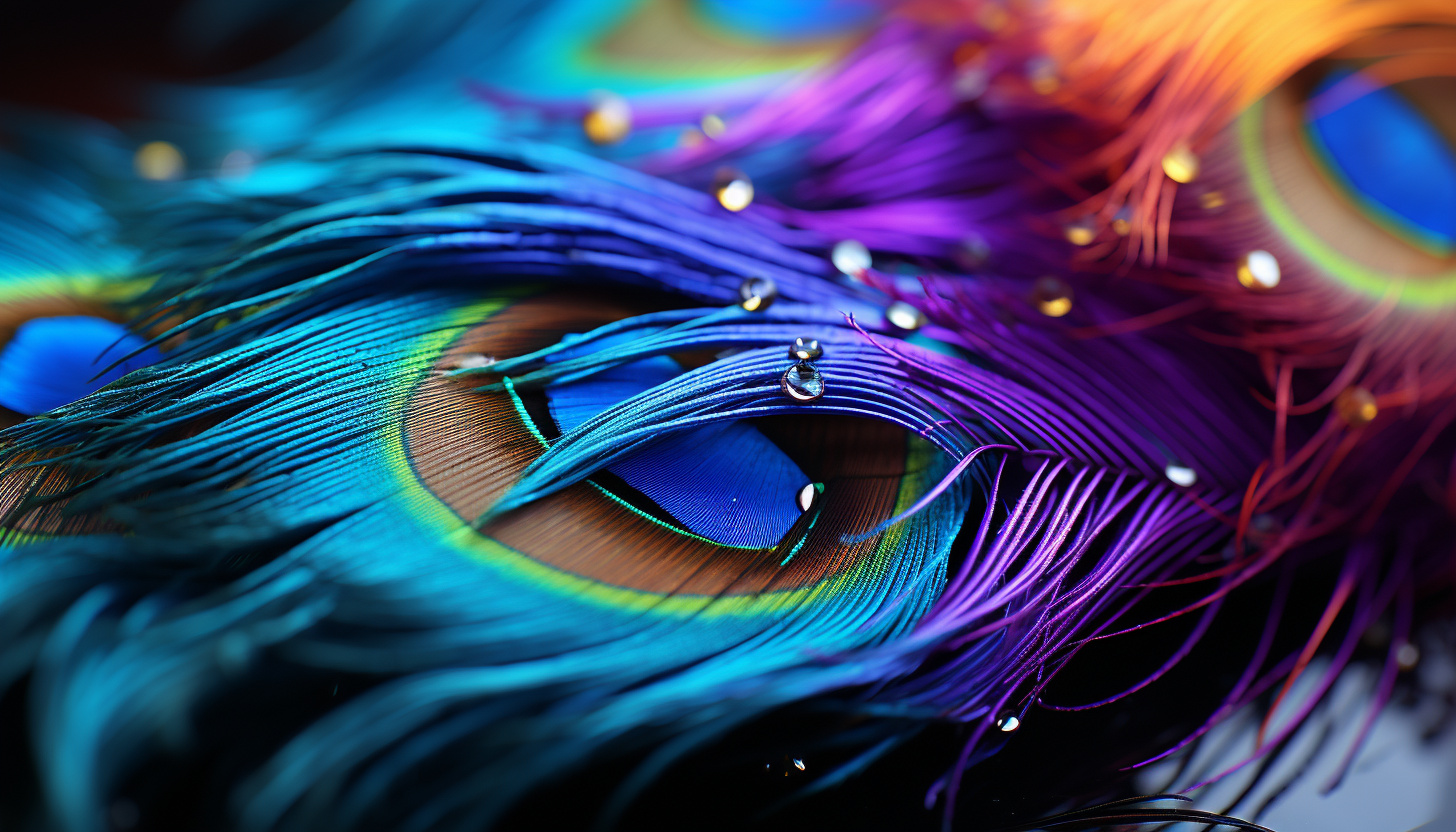 The radiant hues of a peacock feather captured in detail.