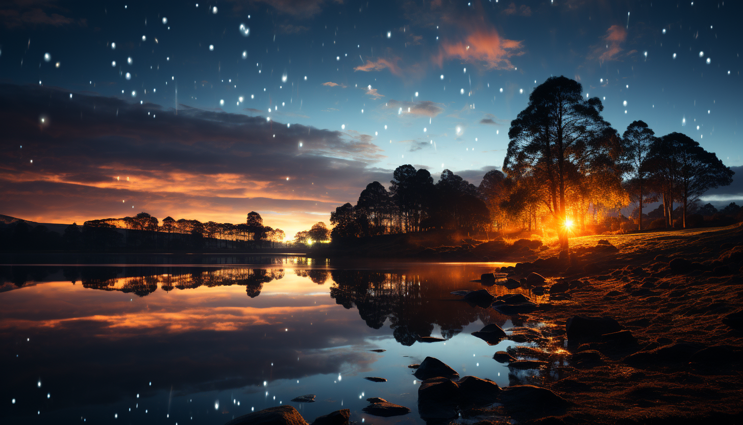 A meteor shower streaking across the night sky over a tranquil landscape.