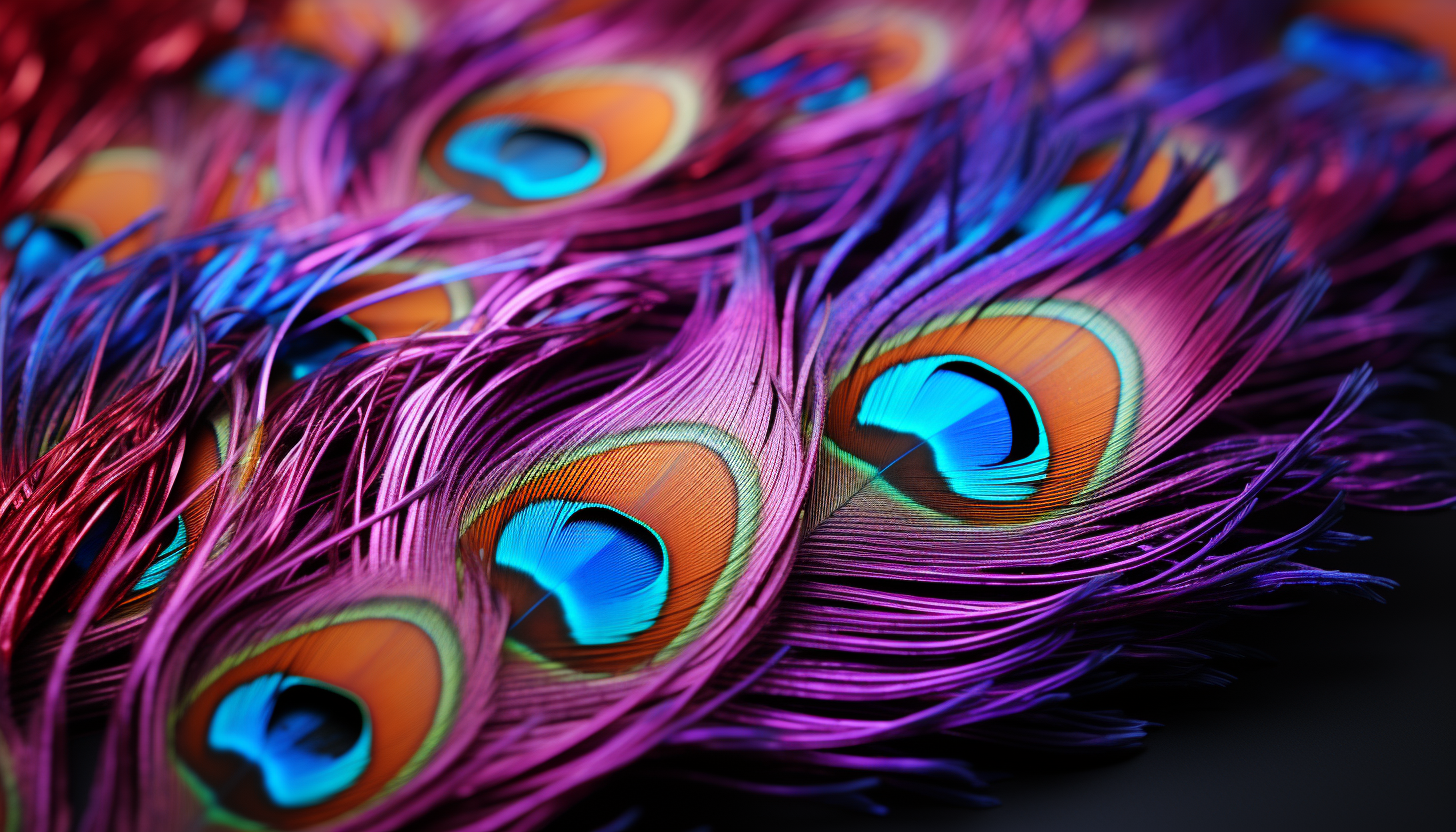 The iridescent sheen of a peacock feather captured in stunning detail.