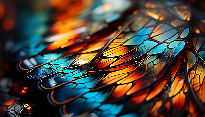 Close-up of a butterfly wing showing intricate patterns and colors.