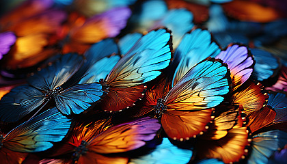 Macro view of butterfly wings, revealing intricate patterns and vivid hues.