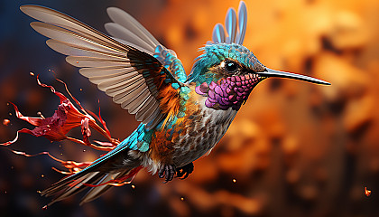 An up-close view of a hummingbird mid-flight, showcasing its colorful plumage.