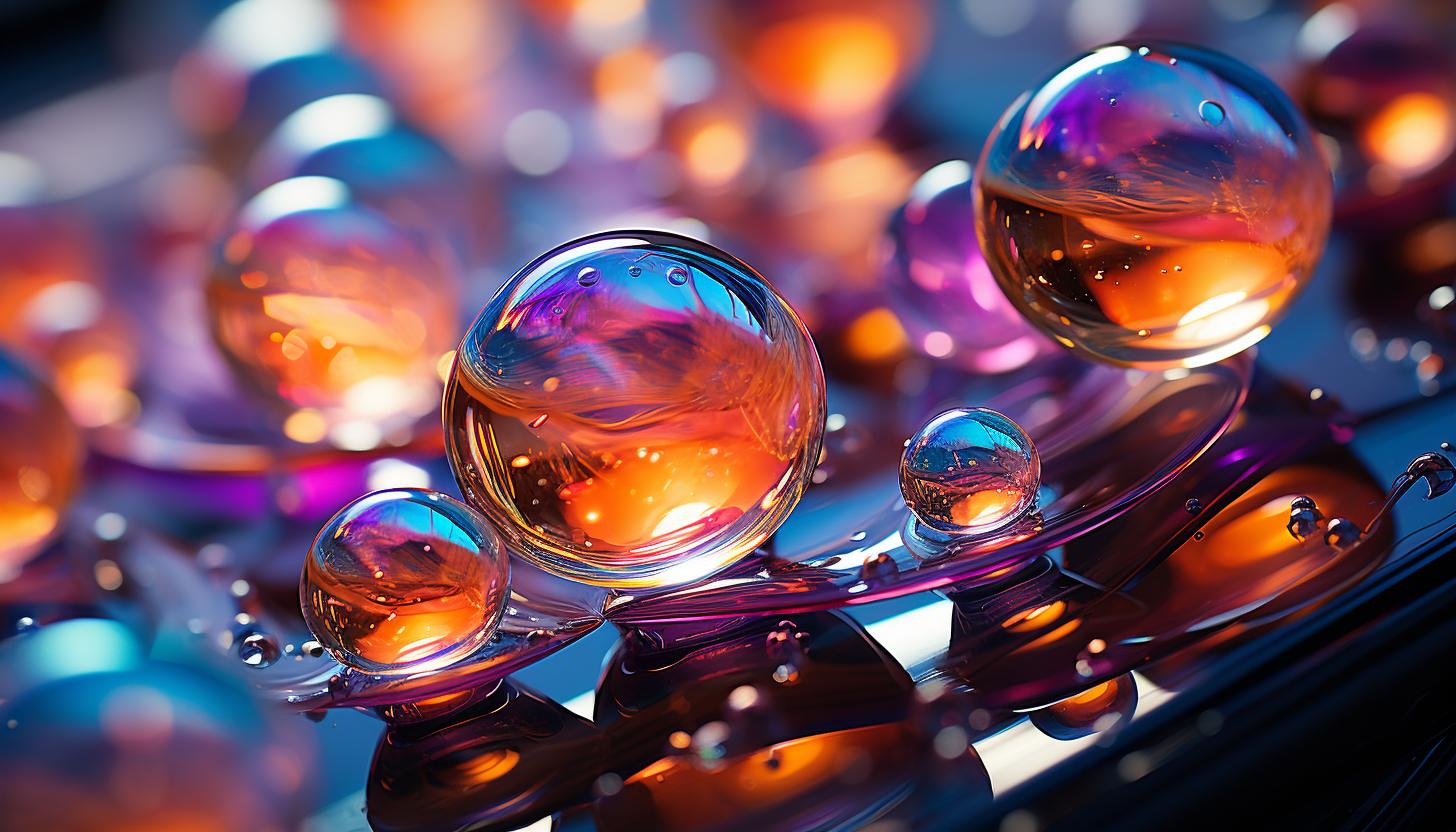 Macro shot of iridescent soap bubbles capturing reflections.