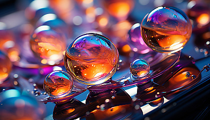 Macro shot of iridescent soap bubbles capturing reflections.