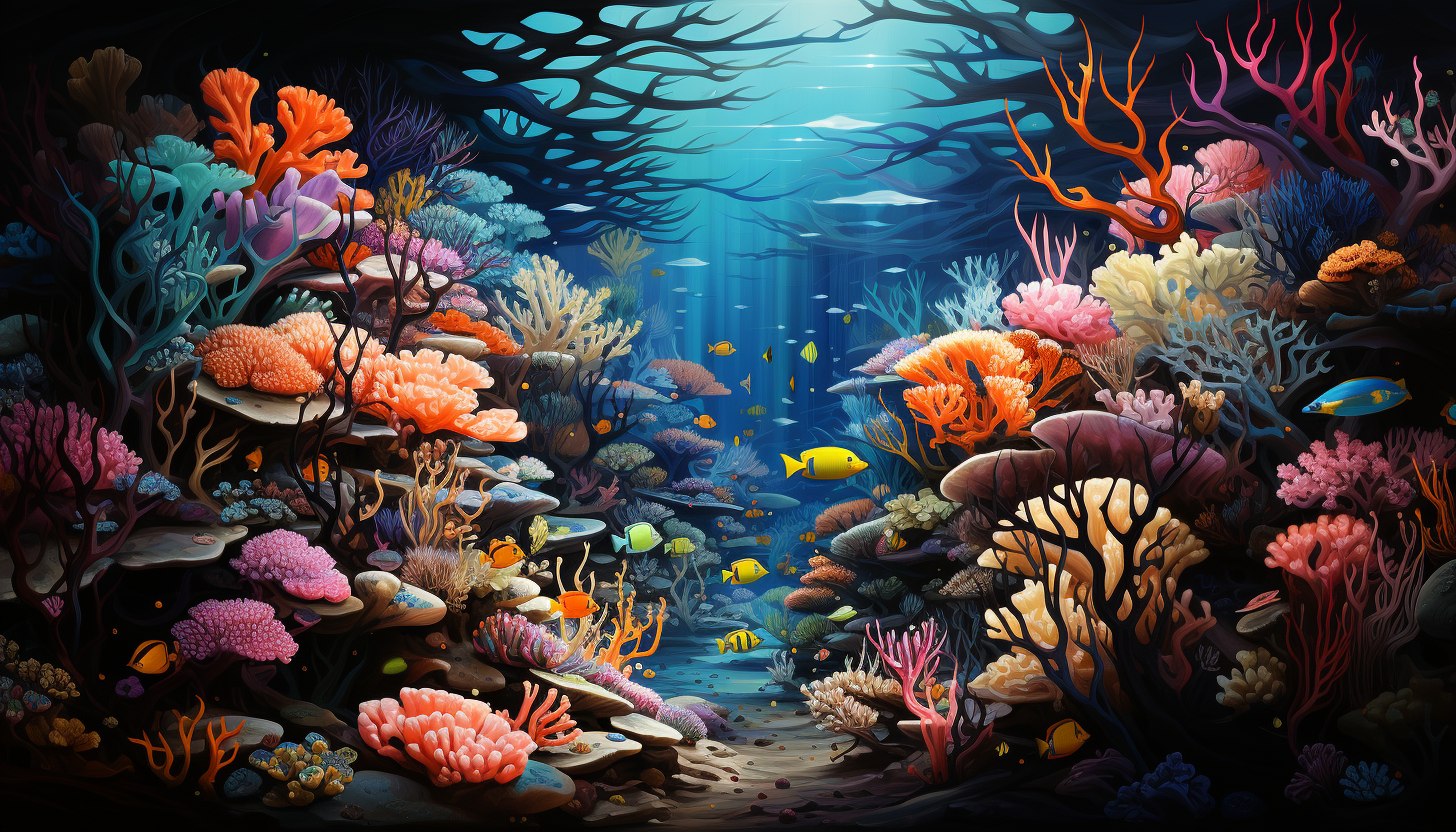 Colorful: A coral reef teeming with multicolored fish and bright sea anemones.