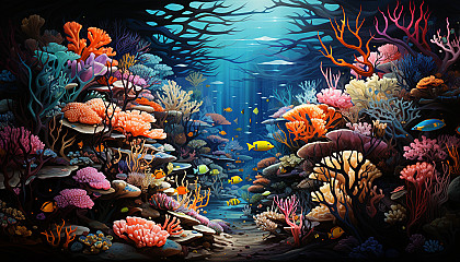 Colorful: A coral reef teeming with multicolored fish and bright sea anemones.