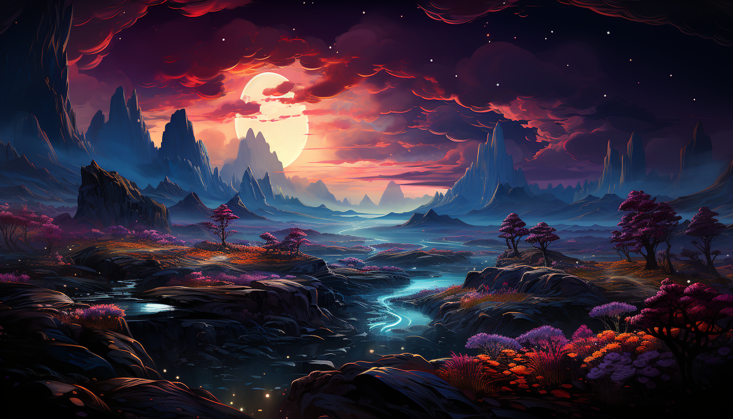 The surface of a distant planet, imagined in brilliant colors and textures.