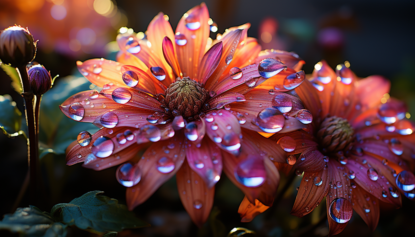 A close-up of dewdrops on a vibrant flower, reflecting the morning sun.