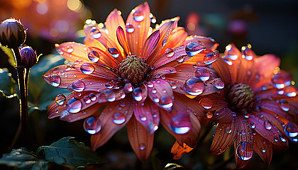 A close-up of dewdrops on a vibrant flower, reflecting the morning sun.