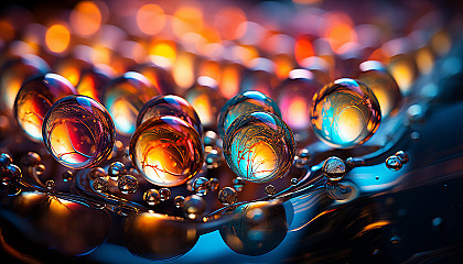 Macro view of iridescent soap bubbles reflecting a kaleidoscope of colors.