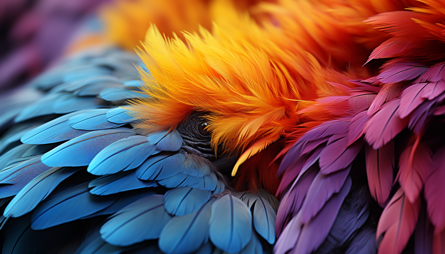 Close-up of colorful feathers on a bird, displaying their delicate structure.