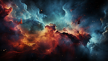 A vibrant nebula in space, filled with clouds of gas and dust.