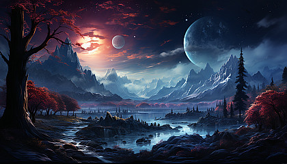 An otherworldly space landscape, featuring vibrant planets and moons.