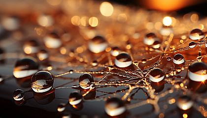 Macro view of dewdrops on a spider's web, reflecting the morning sun.