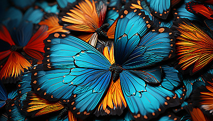 A detailed view of a butterfly's wing, showcasing intricate patterns and colors.