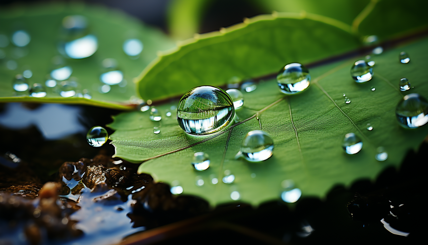 Close-up of a dewdrop on a leaf, reflecting the world within.