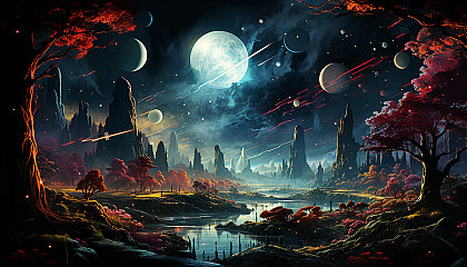 An otherworldly space landscape, featuring vibrant planets and moons.